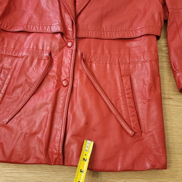 Wilson Red Leather Jacket Womens Size Medium Two Button Waistband Tie READ - Picture 11 of 15